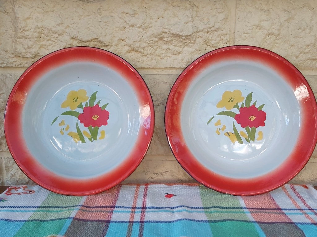 Pair of Enamel Flying Crane Bowls