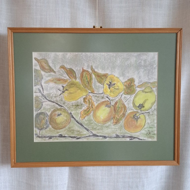Framed Vintage Pastel Drawing of Fruit Signed CB 1982