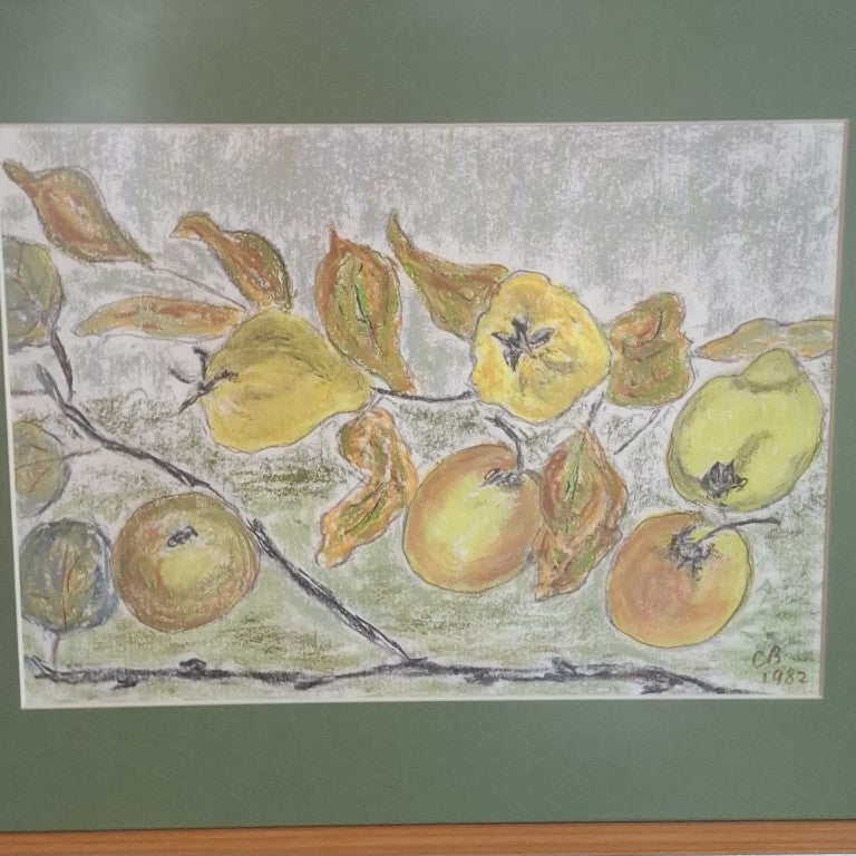 Framed Vintage Pastel Drawing of Fruit Signed CB 1982