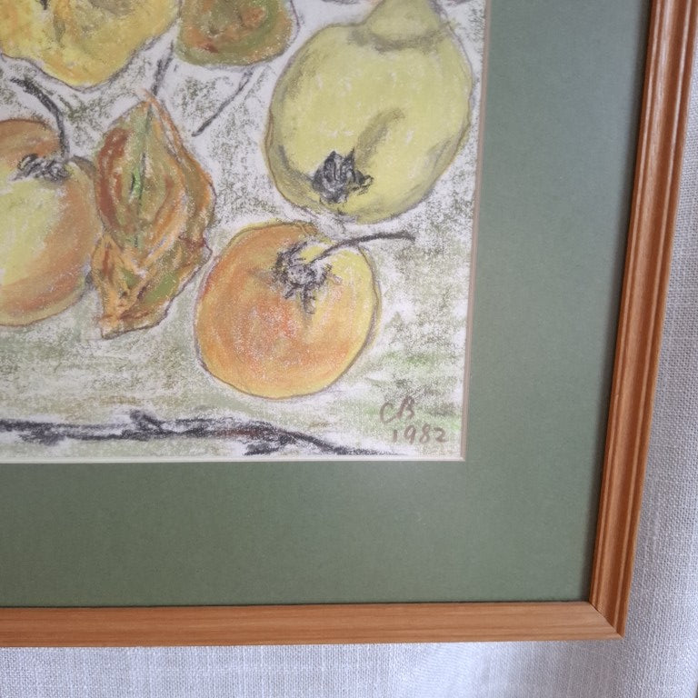 Framed Vintage Pastel Drawing of Fruit Signed CB 1982