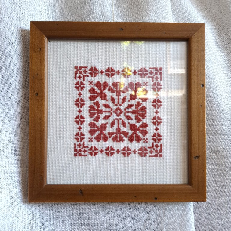 Classic Framed Redwork Floral Cross Stitch Needlepoint Art