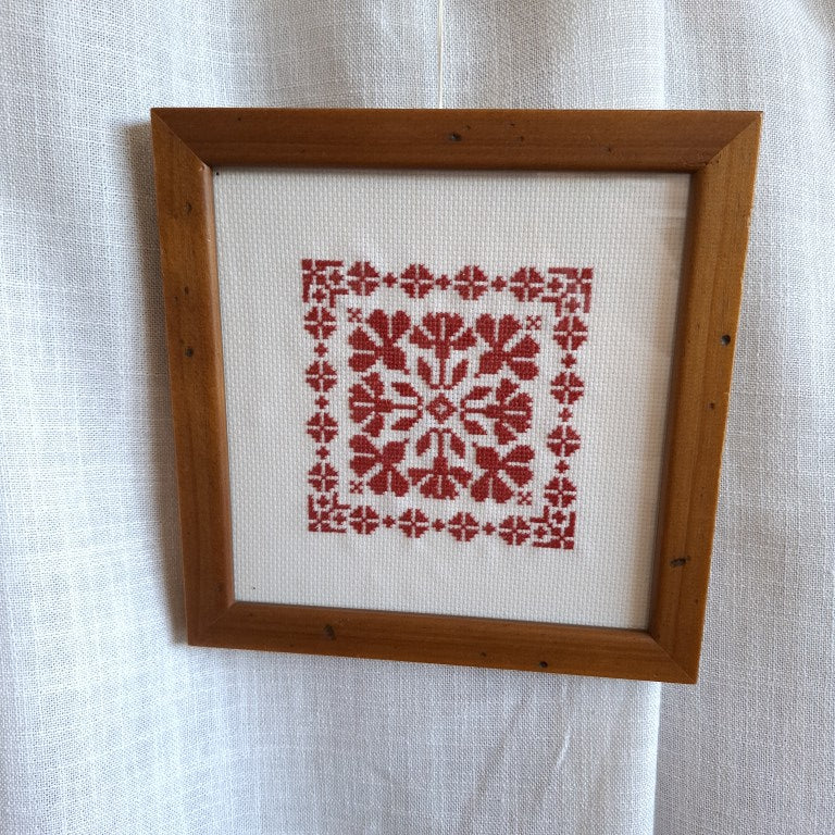Classic Framed Redwork Floral Cross Stitch Needlepoint Art