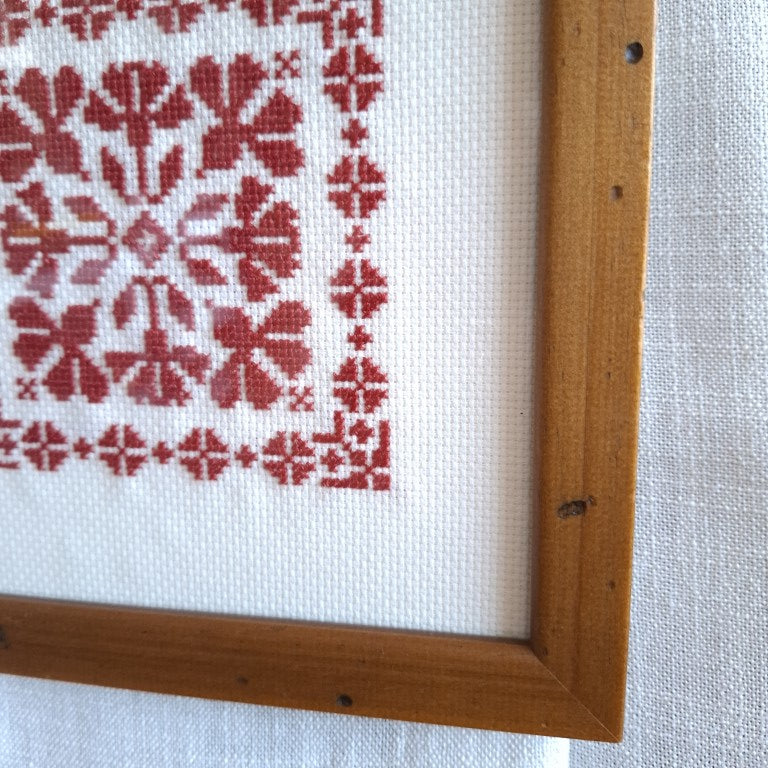 Classic Framed Redwork Floral Cross Stitch Needlepoint Art