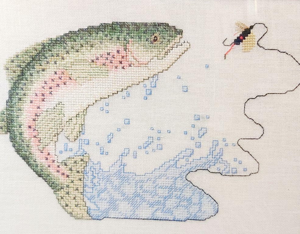 Vintage Framed Jumping Trout Cross Stitch with Lure