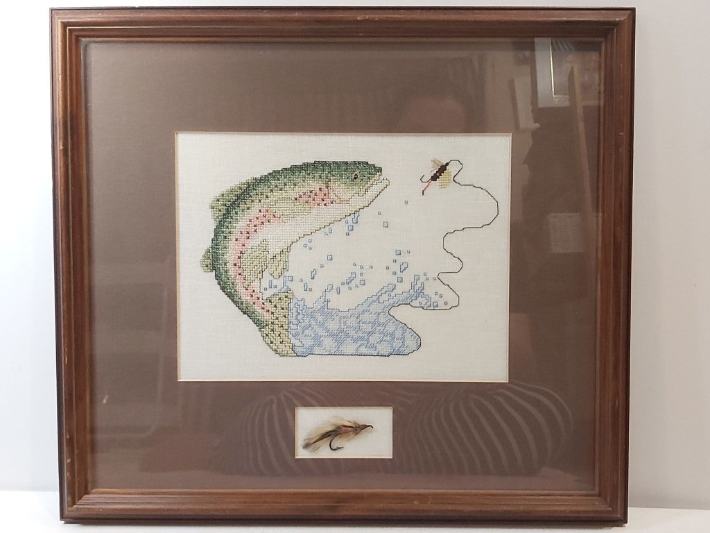 Vintage Framed Jumping Trout Cross Stitch with Lure