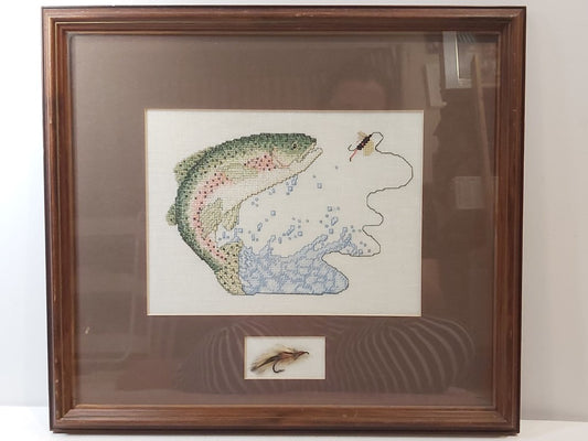 Vintage Framed Jumping Trout Cross Stitch with Lure