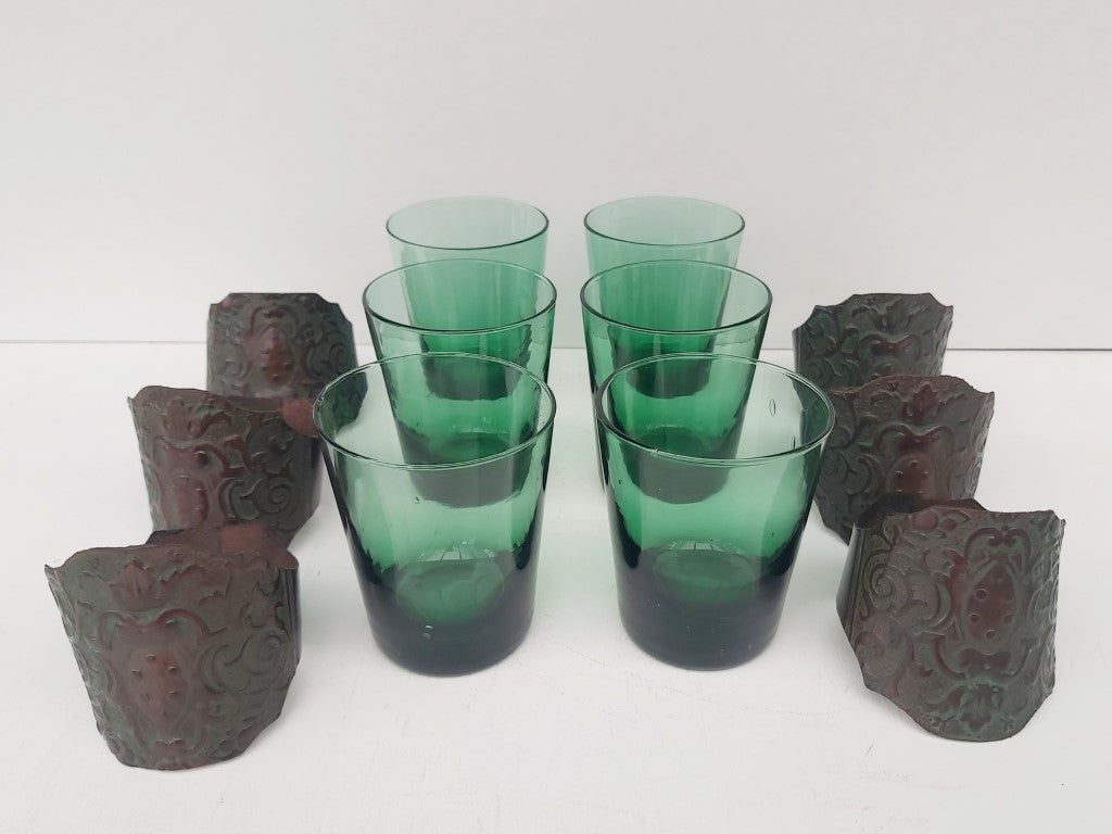 Mid Century Italian Green Glasses with Leather Cuffs Set of 6