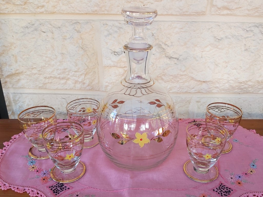 Vintage Glass Hand Painted Decanter and Glasses