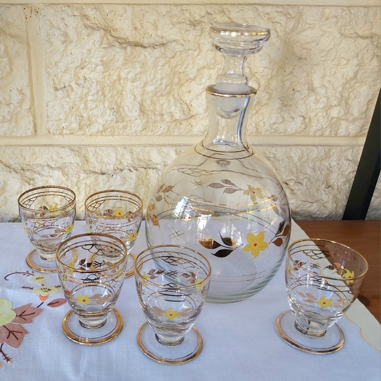Vintage Glass Hand Painted Decanter and Glasses