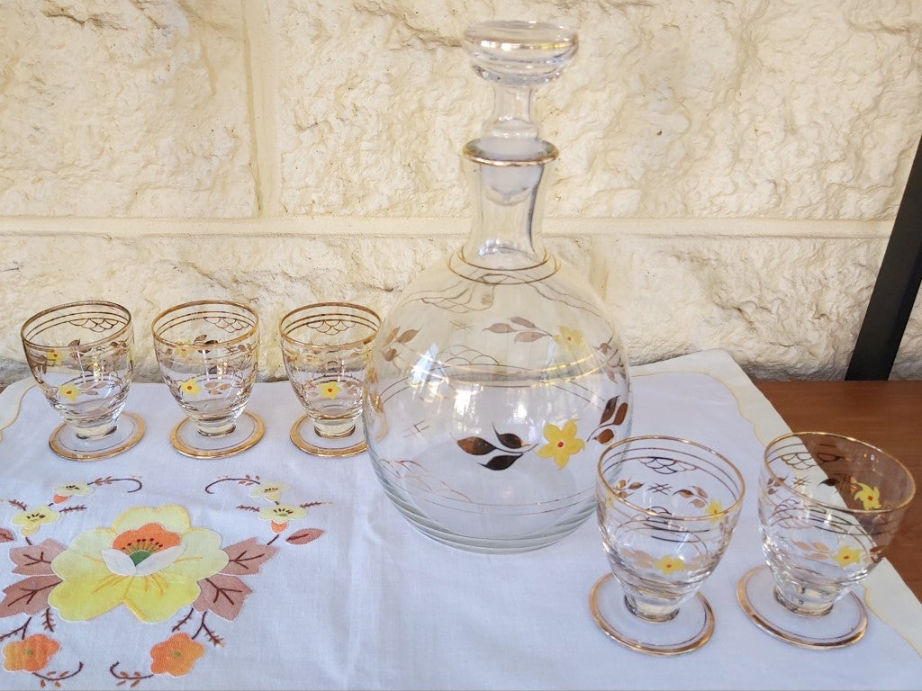 Vintage Glass Hand Painted Decanter and Glasses