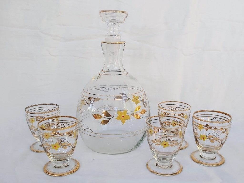 Vintage Glass Hand Painted Decanter and Glasses
