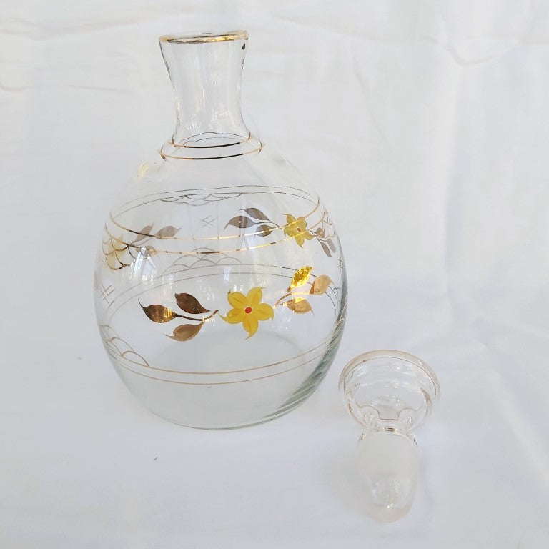 Vintage Glass Hand Painted Decanter and Glasses