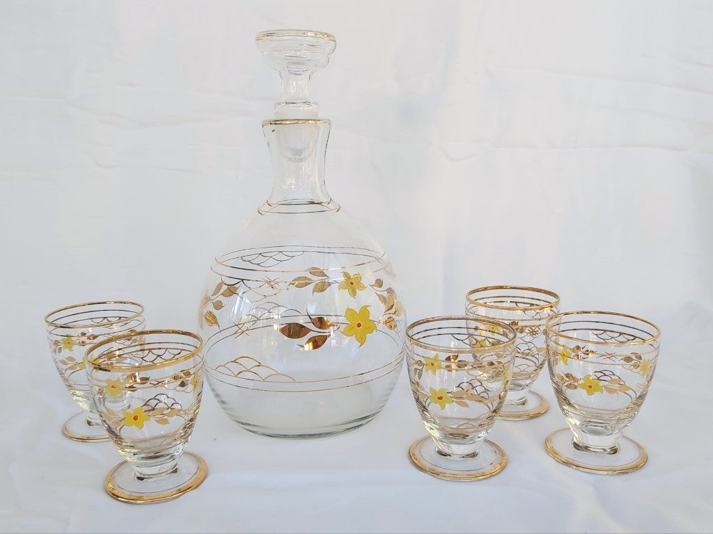 Vintage Glass Hand Painted Decanter and Glasses