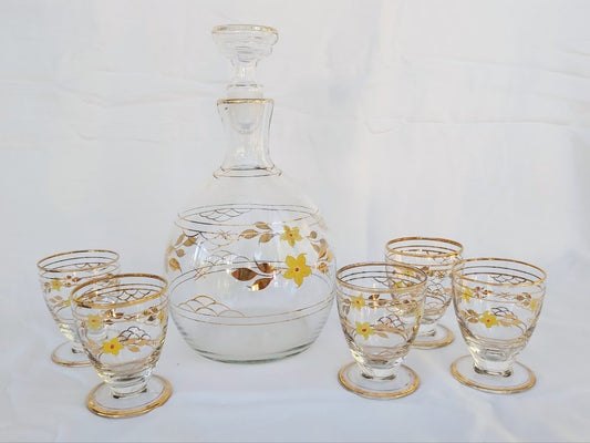 Vintage Glass Hand Painted Decanter and Glasses