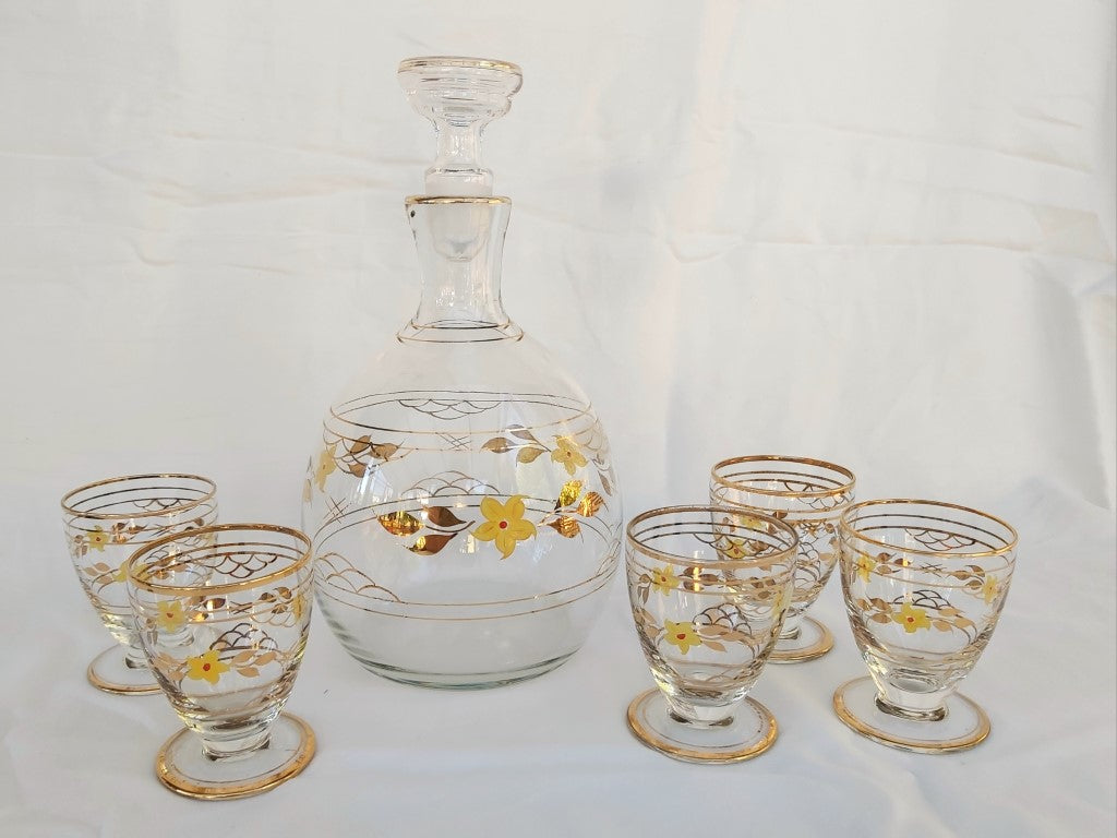 Vintage Glass Hand Painted Decanter and Glasses