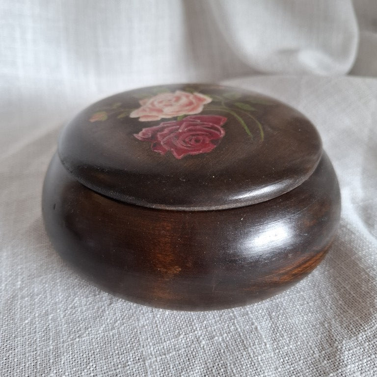 Dark Wood Trinket Box With Handpainted Roses