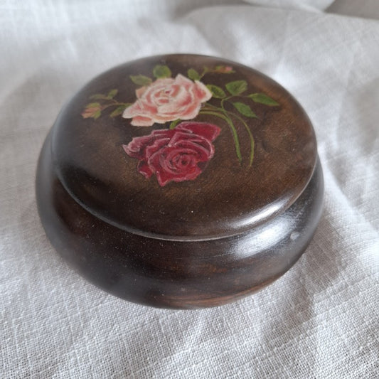 Dark Wood Trinket Box With Handpainted Roses