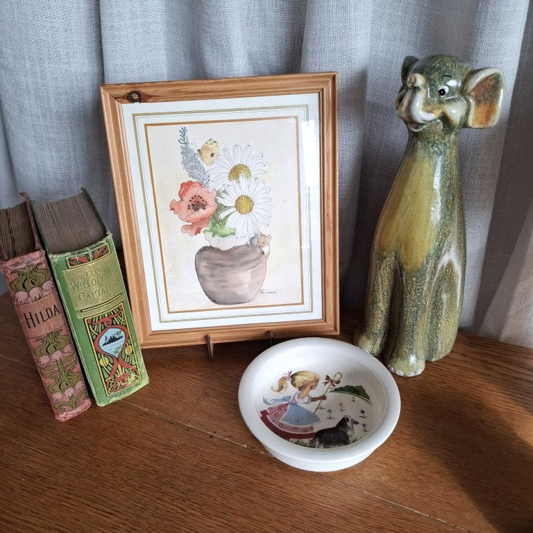 Signed Floral Watercolour with Shy Mouse and Bold Butterfly by Joan Woodgate