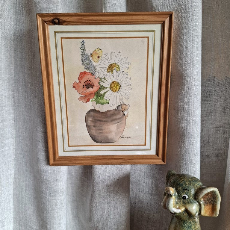 Signed Floral Watercolour with Shy Mouse and Bold Butterfly by Joan Woodgate