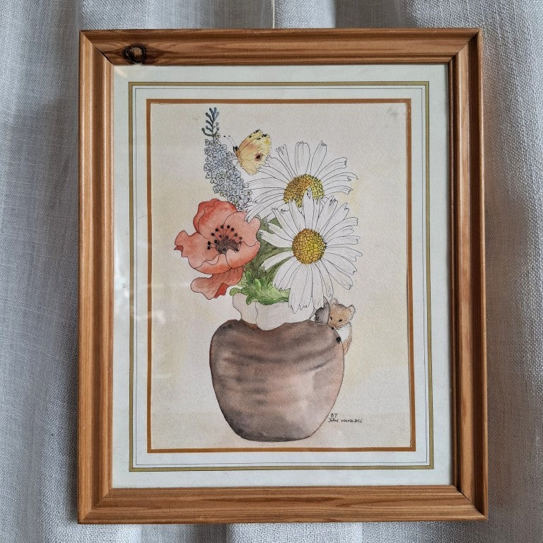 Signed Floral Watercolour with Shy Mouse and Bold Butterfly by Joan Woodgate