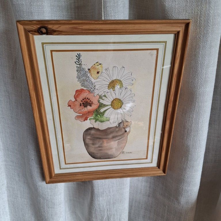 Signed Floral Watercolour with Shy Mouse and Bold Butterfly by Joan Woodgate
