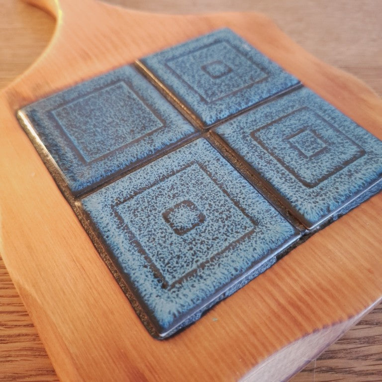 MCM Scandinavian Retro Style Blue Tile and Solid Wood Trivet