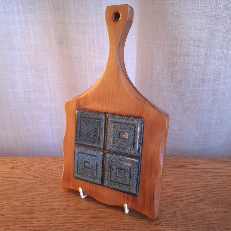 MCM Scandinavian Retro Style Blue Tile and Solid Wood Trivet