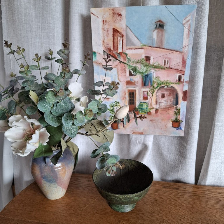 Pretty Mediterranean Town Painting Signed SK25