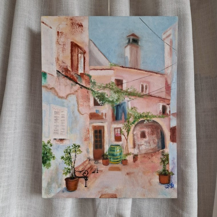 Pretty Mediterranean Town Painting Signed SK25