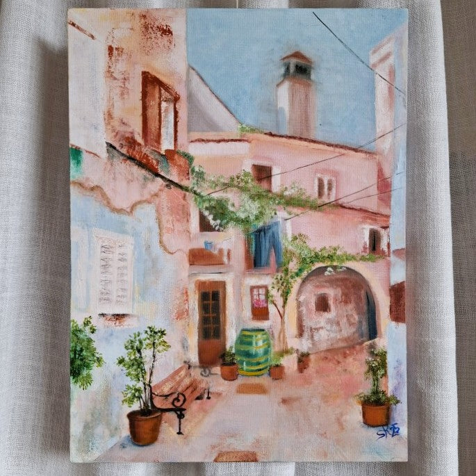 Pretty Mediterranean Town Painting Signed SK25