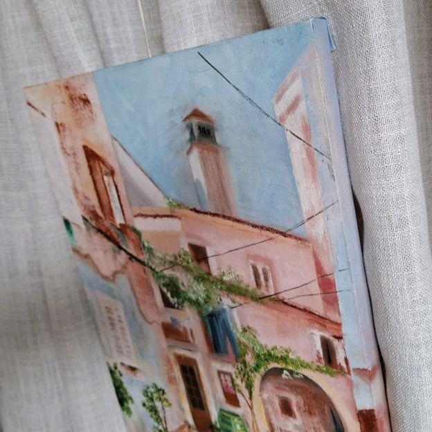 Pretty Mediterranean Town Painting Signed SK25