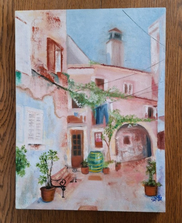 Pretty Mediterranean Town Painting Signed SK25