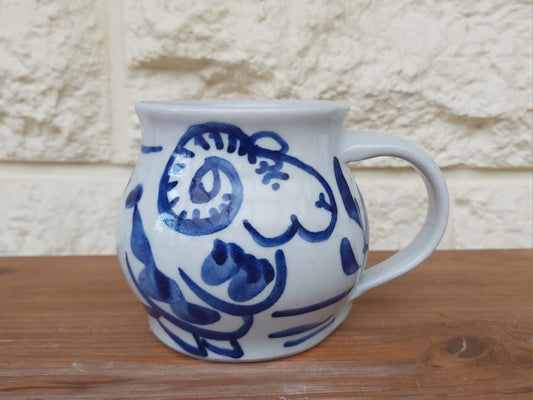 Unique Blue & White Ram Studio Pottery Mug