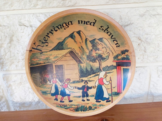 Vintage Norwegian Folk Song Painted Wood Plate