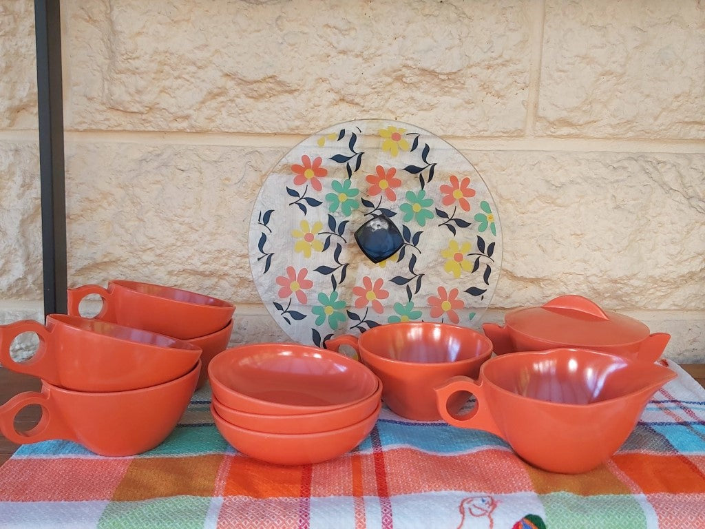 Vintage Orange Melmac MCM Tea Set