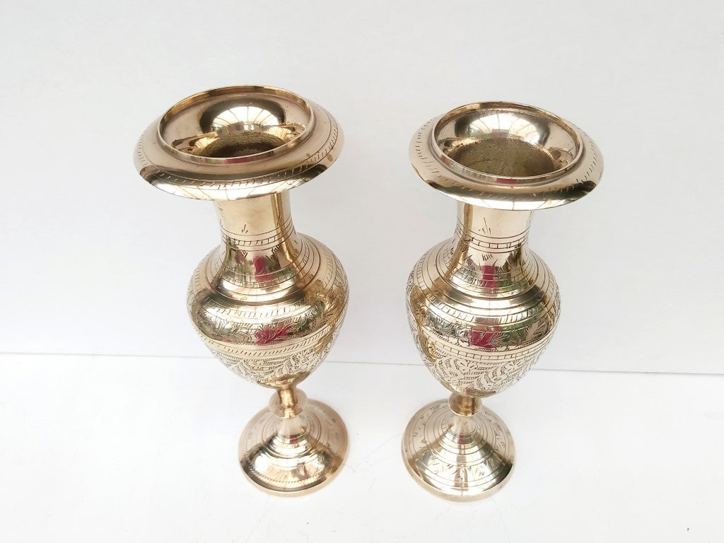 Pair of Matching Engraved Brass Vases