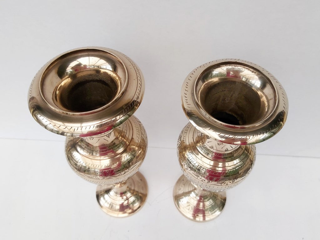 Pair of Matching Engraved Brass Vases