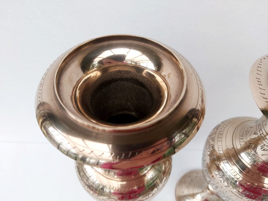 Pair of Matching Engraved Brass Vases