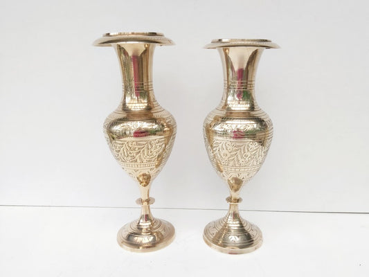 Pair of Matching Engraved Brass Vases