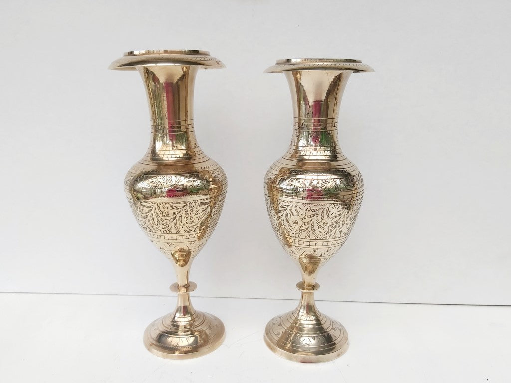 Pair of Matching Engraved Brass Vases