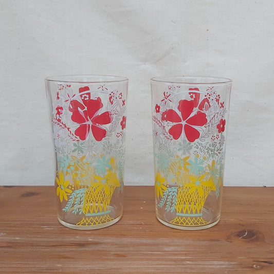 Pair of Pretty Vintage Floral Glass High Ball Tumblers