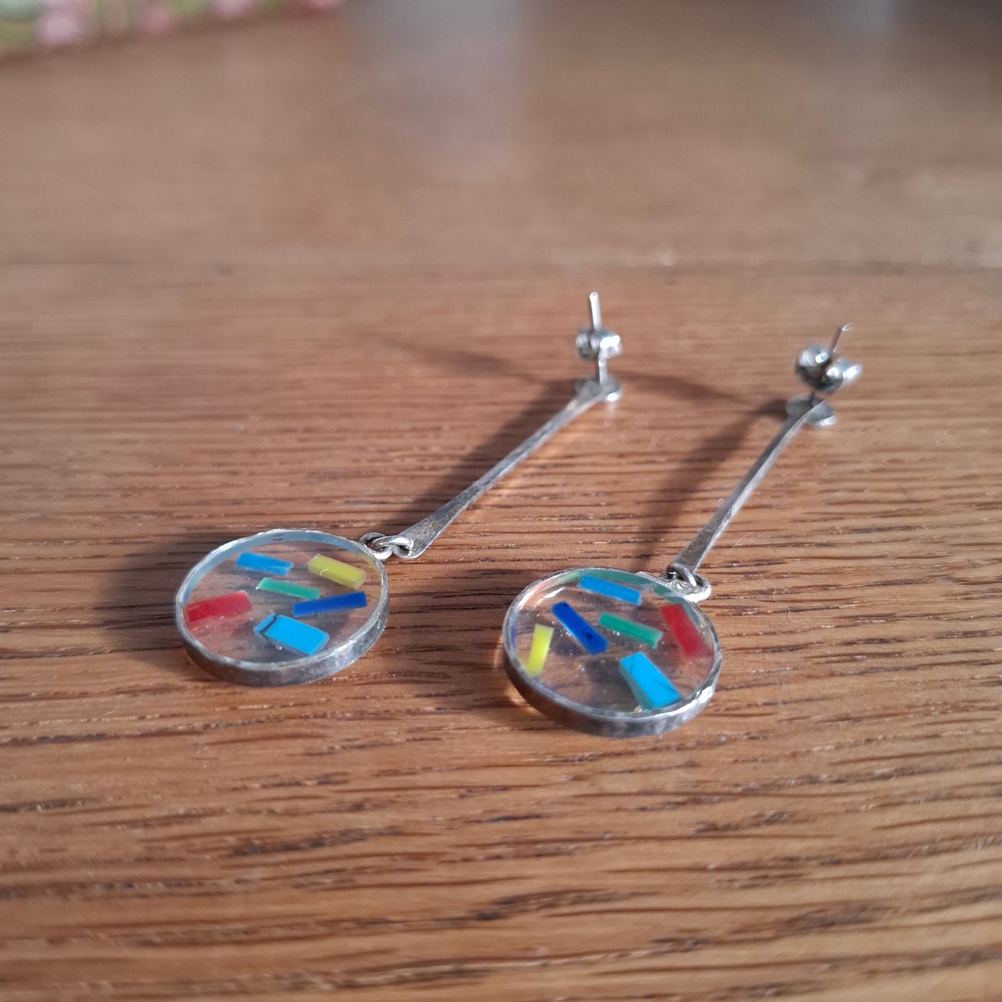 Pair of Confetti Glass Silver Toned Dangling Earrings