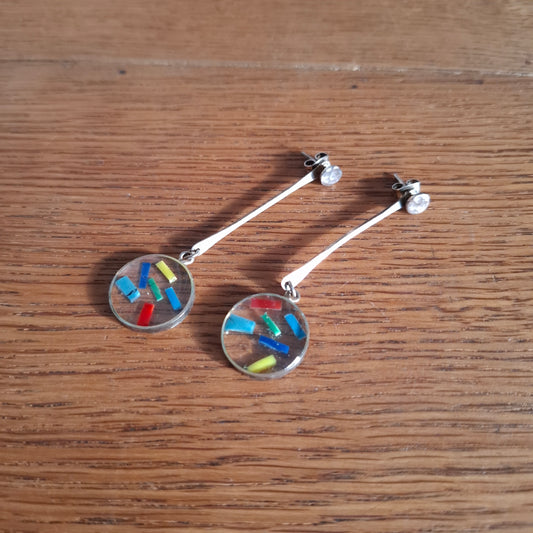 Pair of Confetti Glass Silver Toned Dangling Earrings