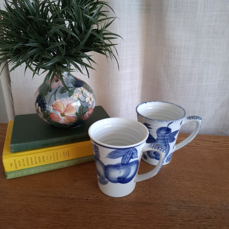 Pair of Croix De Sud Handpainted Blue and White Fruit Mugs 1990's