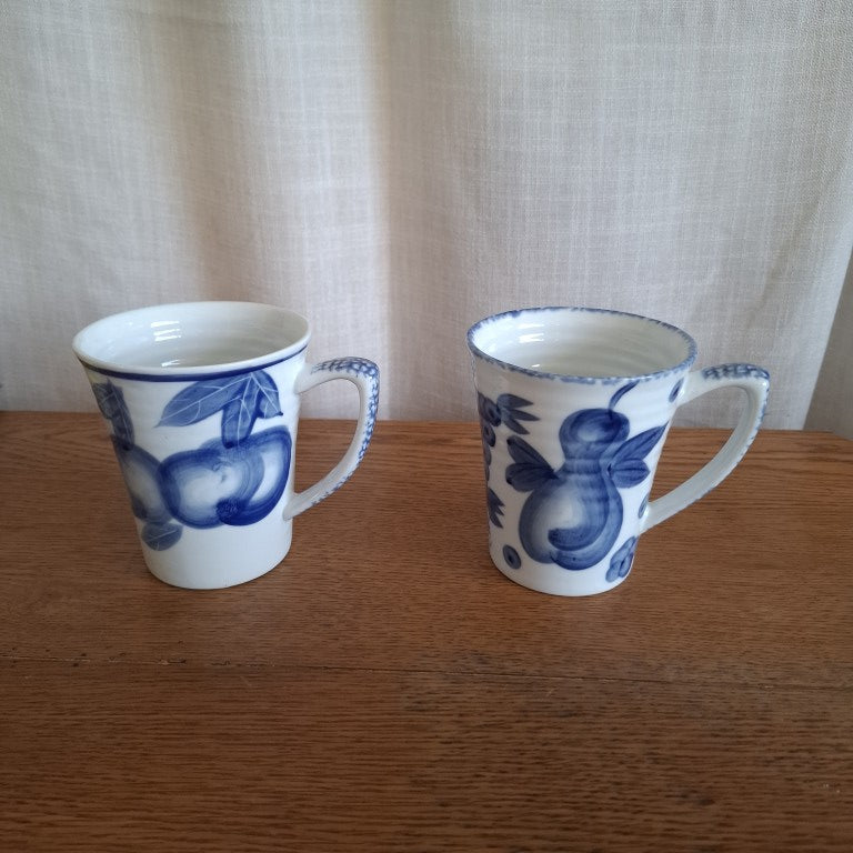 Pair of Croix De Sud Handpainted Blue and White Fruit Mugs 1990's