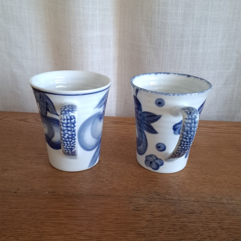 Pair of Croix De Sud Handpainted Blue and White Fruit Mugs 1990's