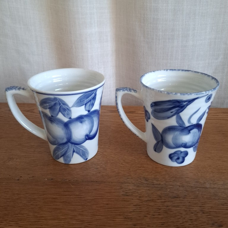 Pair of Croix De Sud Handpainted Blue and White Fruit Mugs 1990's