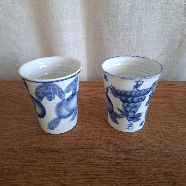 Pair of Croix De Sud Handpainted Blue and White Fruit Mugs 1990's
