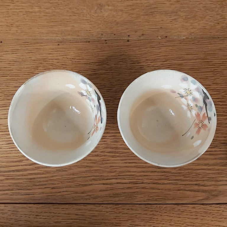 Pair of Handpainted Sakura Japanese Matcha or Rice Bowls