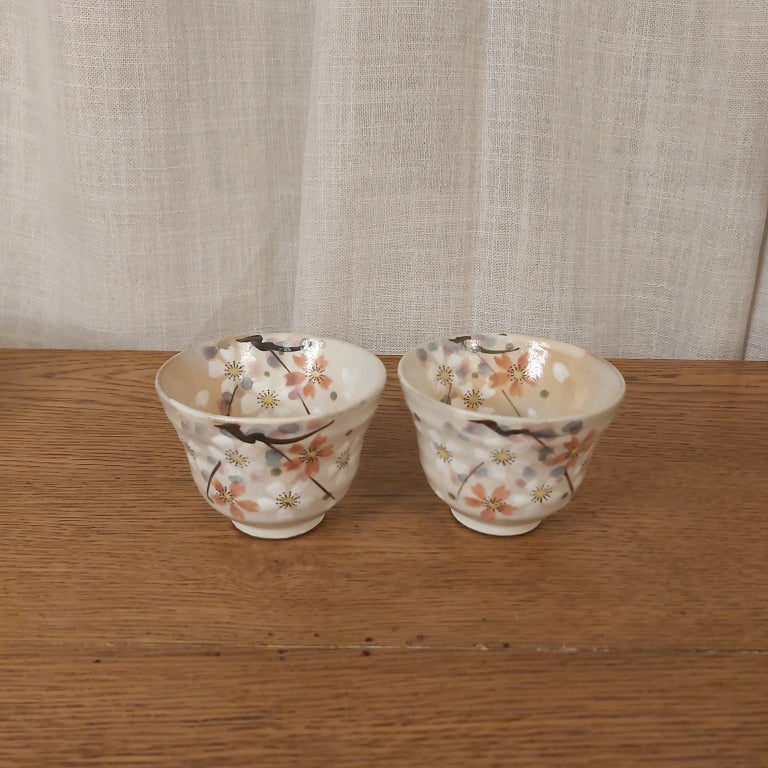 Pair of Handpainted Sakura Japanese Matcha or Rice Bowls